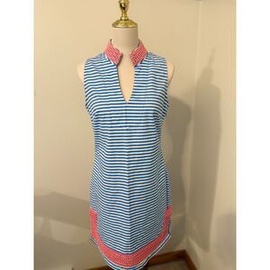 Sail to Sable STS Blue White Stripe Pink Crochet Trim Tunic Dress Size M